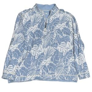 Tommy Bahama Blue Tropical Leaf Print 1/4 Zip Pullover Sweatshirt XL no sz tag